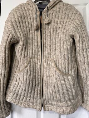 Ribbed Zip-Up Hooded Sweater Jacket in Heathers Beige